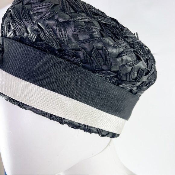 Vintage Mr. John Classic Black Woven Pillbox Style Hat with White Trim - Picture 6 of 8